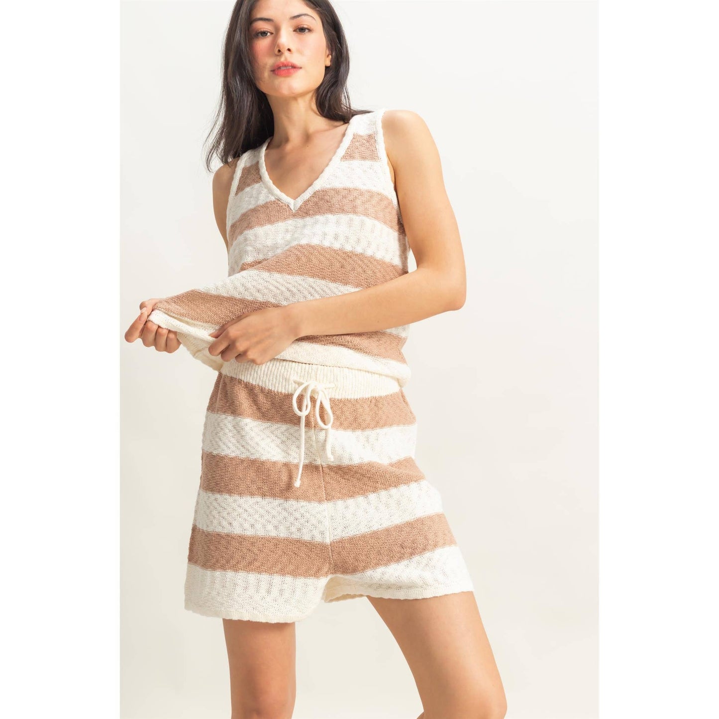 SET-Striped Sweater Top And Shorts Set