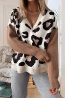 Leopard Print Color Block Patchwork Sleeve V Neck Sweater