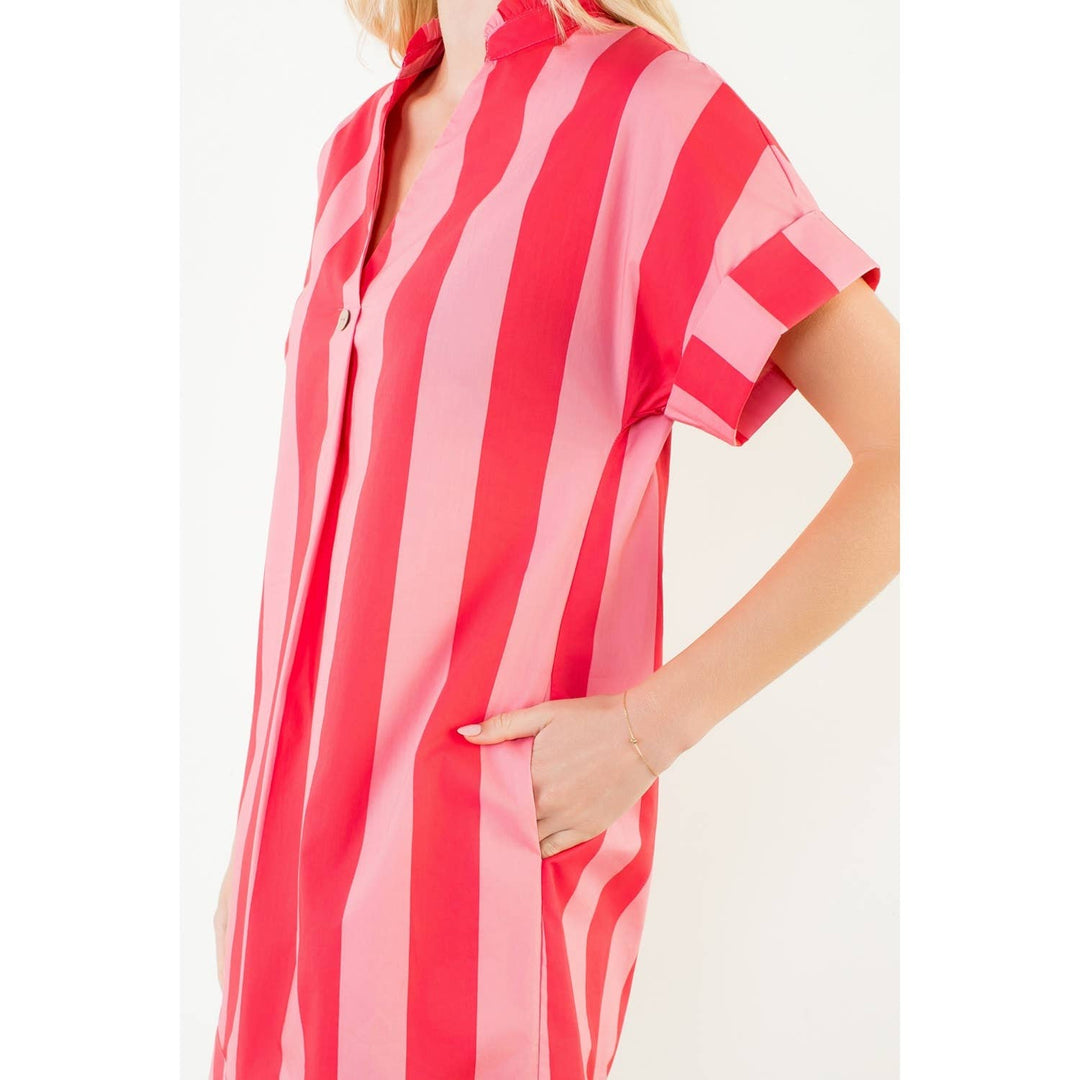 Short Sleeve Striped V-Neck Dress