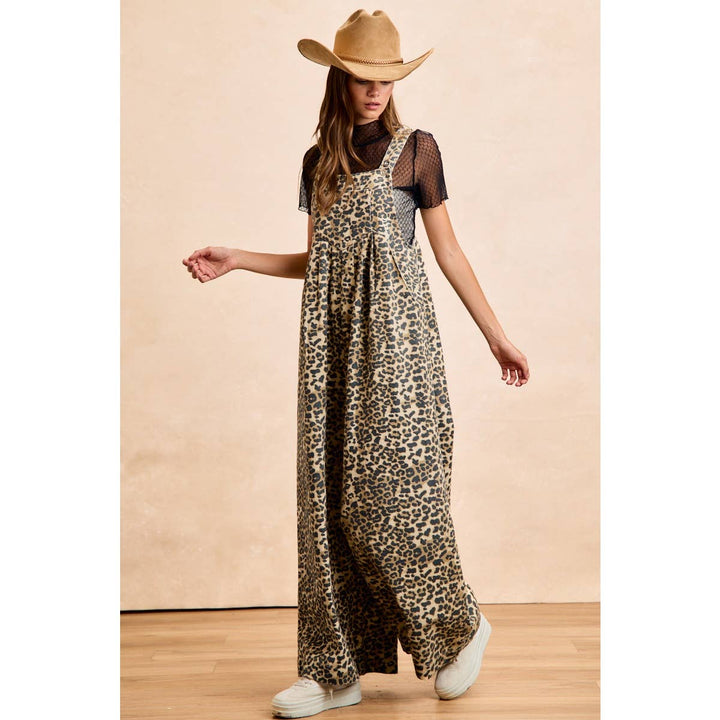 COTTON TWILL LEOPARD PRINT WIDE LEG OVERALLS