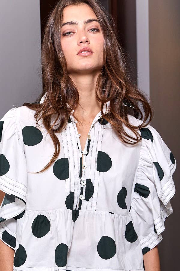 Ruffle Sleeves Pintuck Detail Polka Dot Print top up