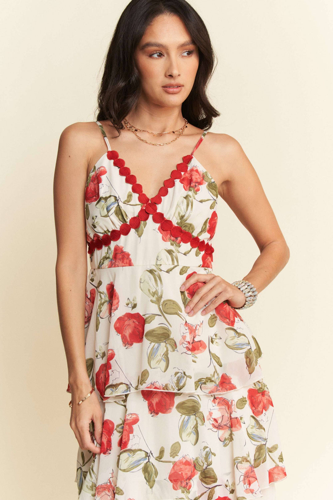 CONTRAST RED  LACE CAMI TIERED RUFFLE MAXI DRESS