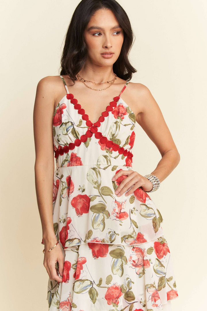 CONTRAST RED  LACE CAMI TIERED RUFFLE MAXI DRESS