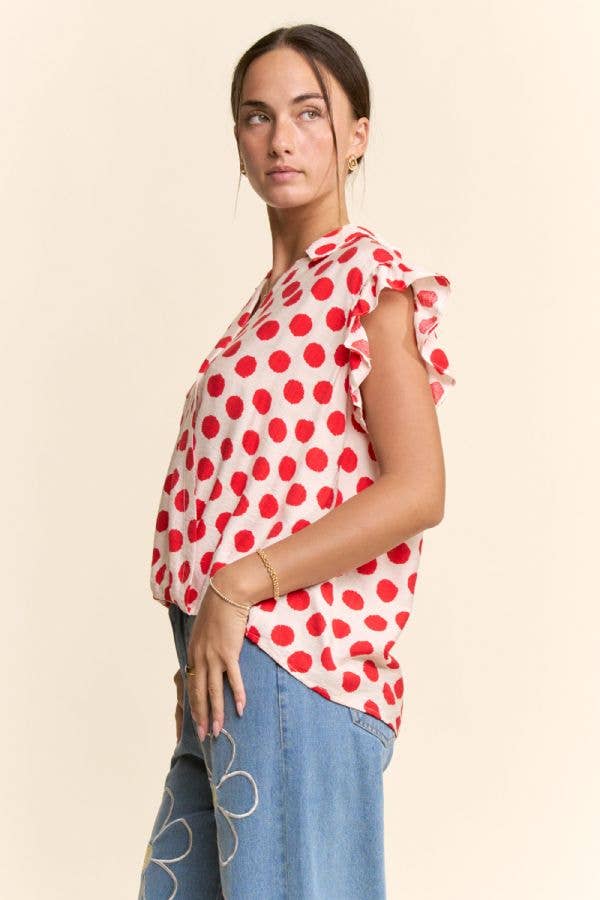 POLKA DOT PRINT SHORT RUFFLE SLEEVE V NECK BLOUSE