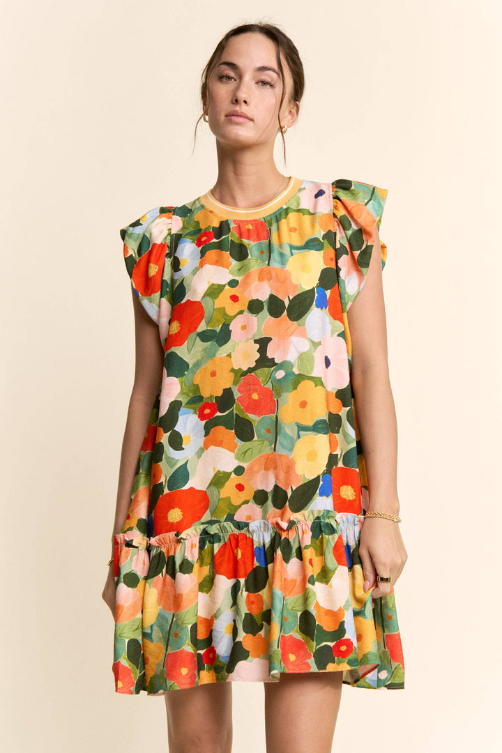 RUFFLE SLEEVE FLORAL DRESS