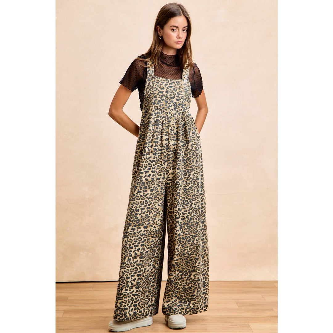 COTTON TWILL LEOPARD PRINT WIDE LEG OVERALLS
