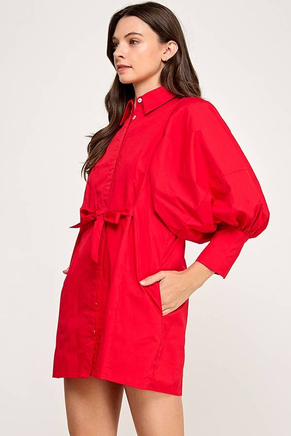 Balloon Sleeve Tie-Waist Mini Shirt Dress  PINK