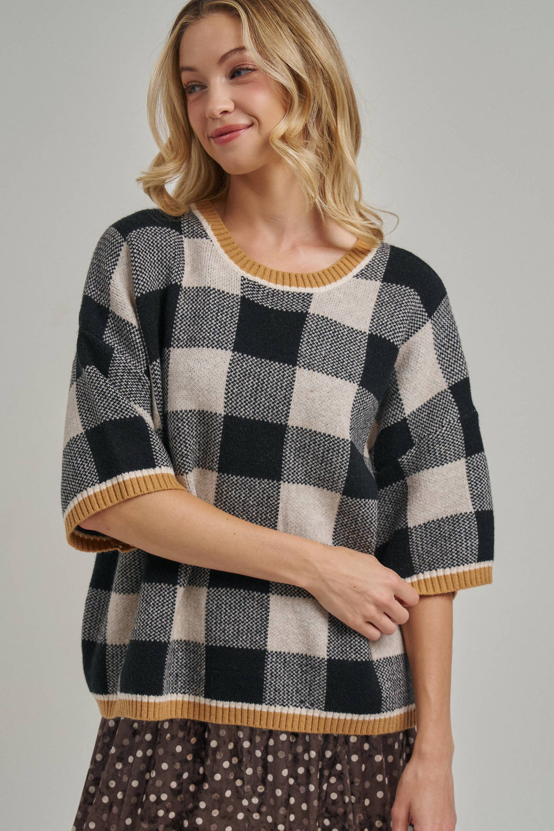 FALL CHECKERED GINGHAM DROP SHOULDER SWEATER TOP