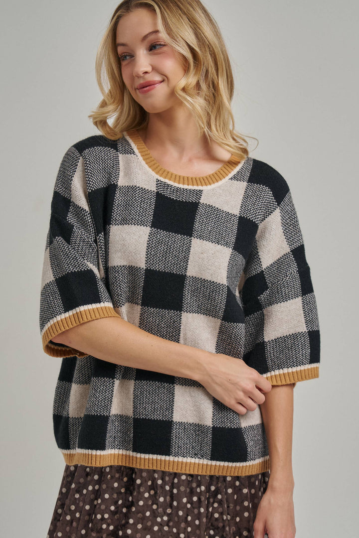 FALL CHECKERED GINGHAM DROP SHOULDER SWEATER TOP