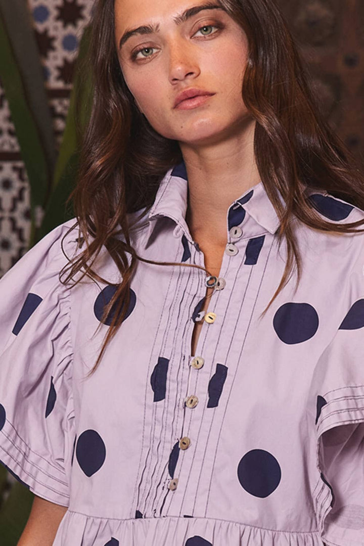 Ruffle Sleeves Pintuck Detail Polka Dot Print top up