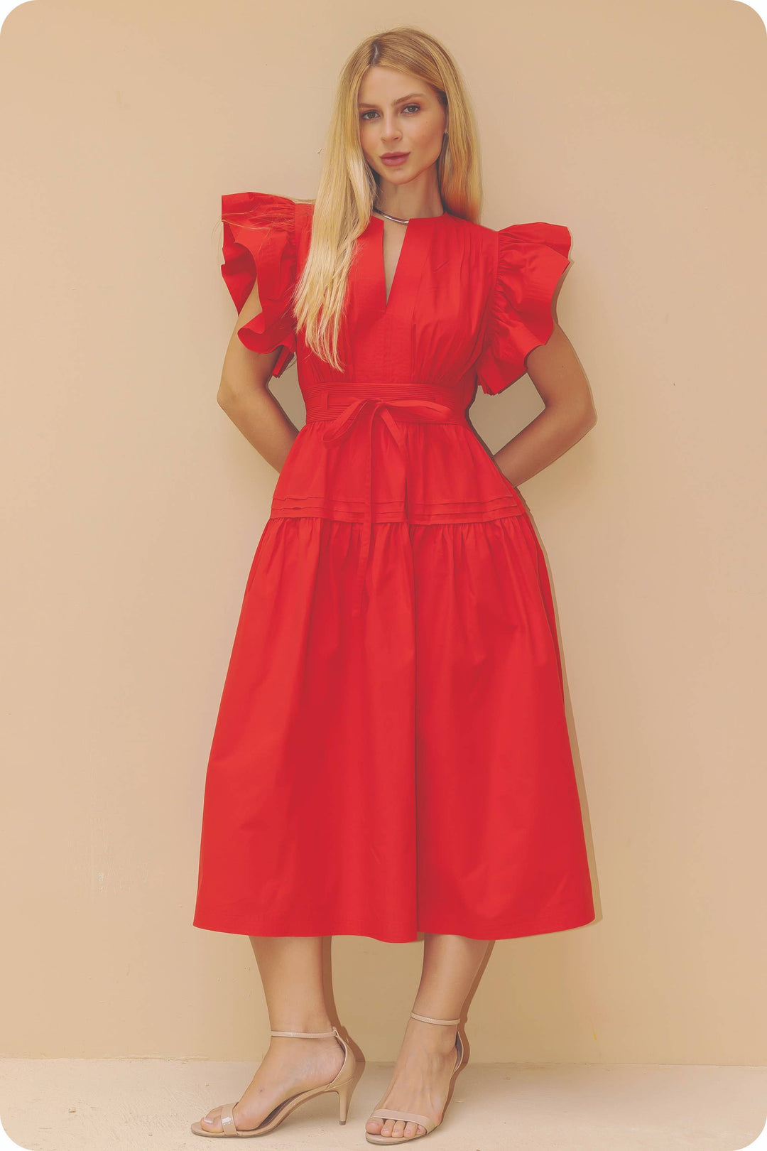 Chambray Flutter Sleeve Poplin Midi Dress