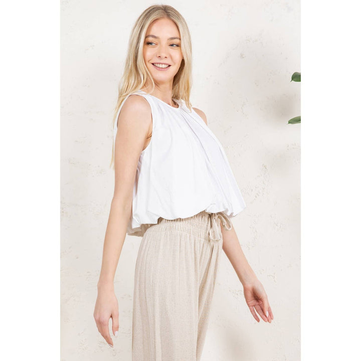 White Soft Pleated Sleeveless Bubble Hem Top