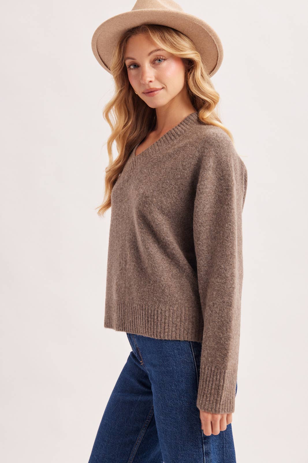V-NECK FUZZY KNIT SWEATER
