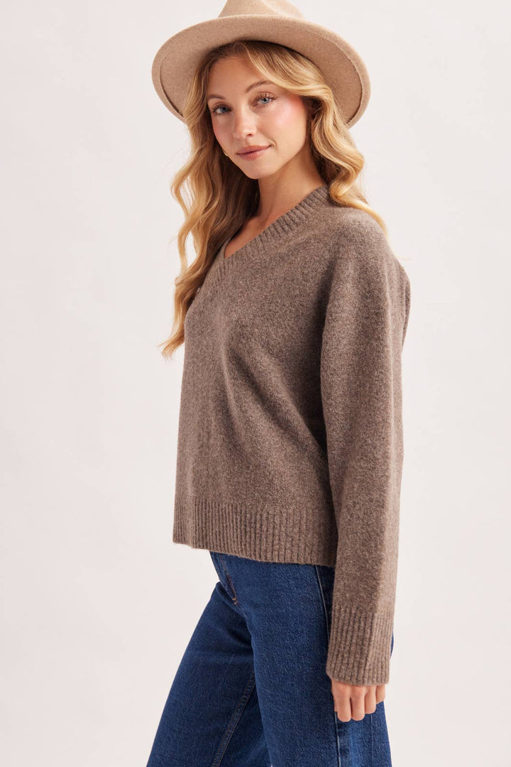 V-NECK FUZZY KNIT SWEATER