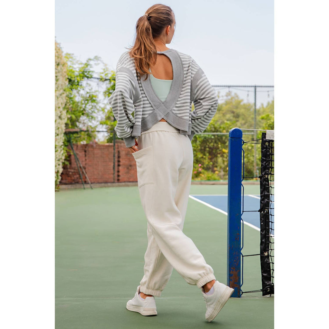 STRIPED TERRY OPEN BACK LONG SLEEVE TOP