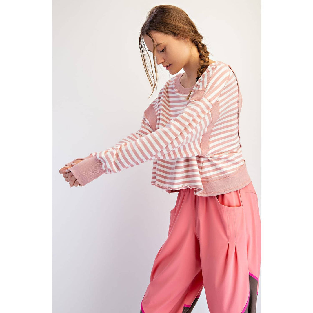 STRIPED TERRY OPEN BACK LONG SLEEVE TOP