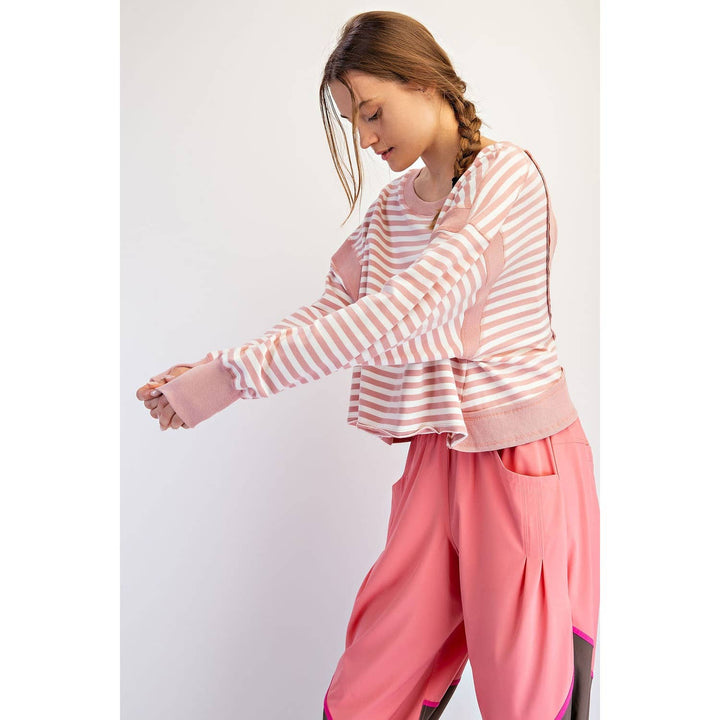 STRIPED TERRY OPEN BACK LONG SLEEVE TOP