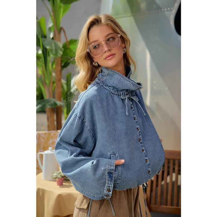 LIGHTWEIGHT WASHED DENIM DRAWSTRING HEM JACKET