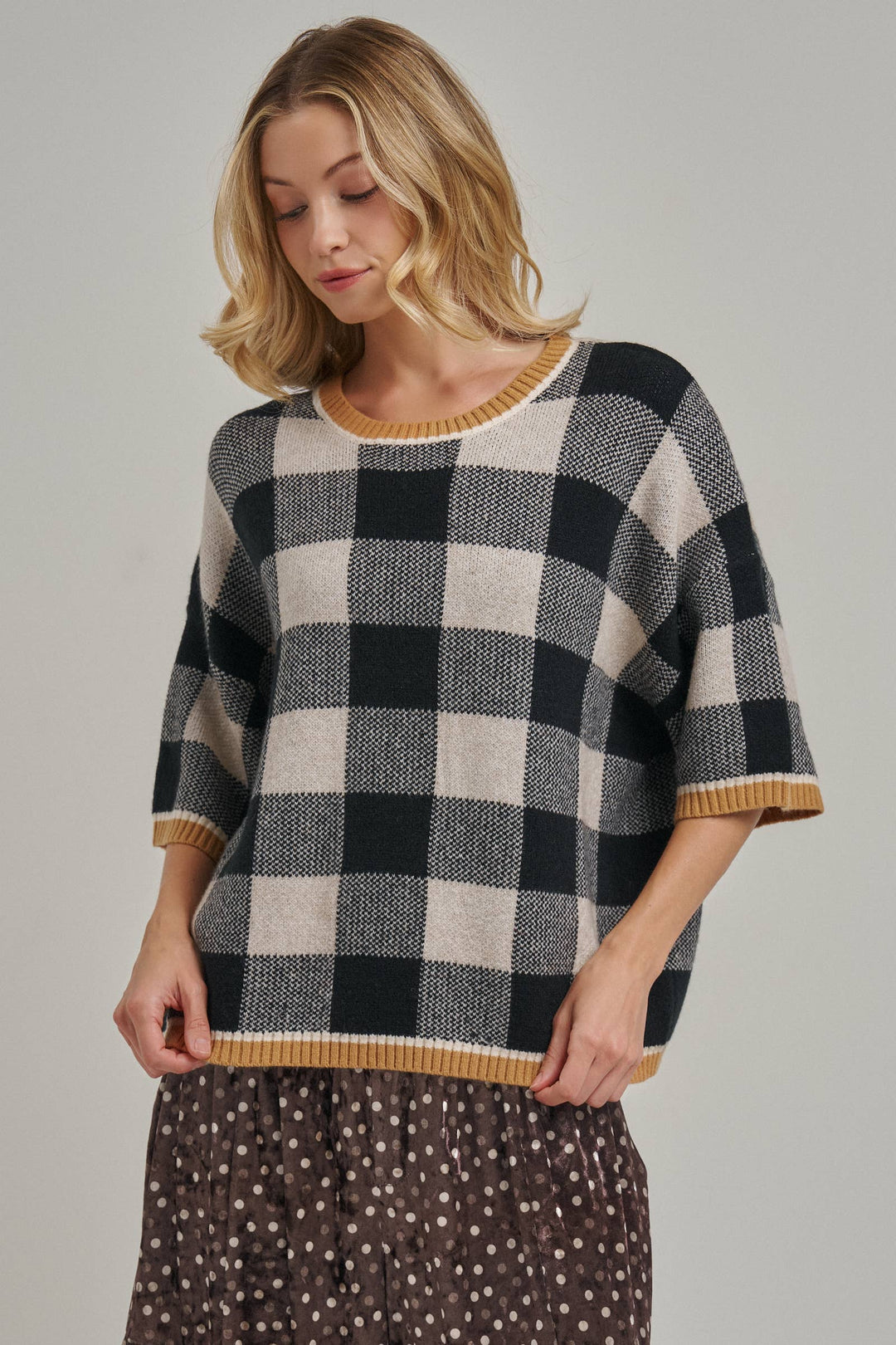 FALL CHECKERED GINGHAM DROP SHOULDER SWEATER TOP