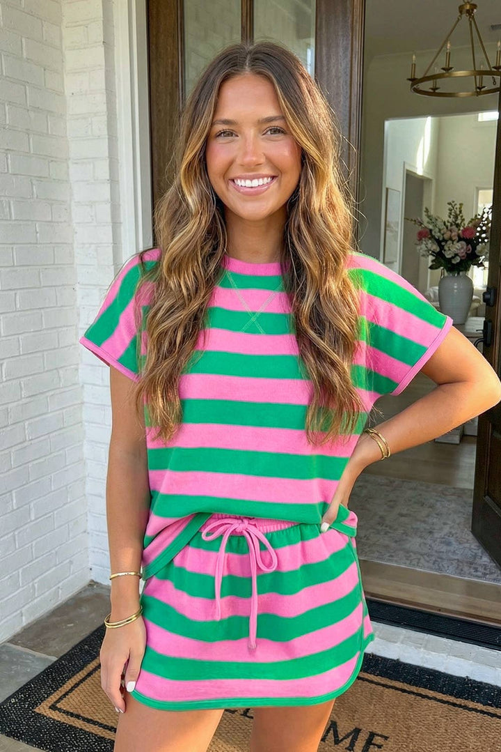 Stripe Dolman Tee Drawstring Skort 2pcs Set
