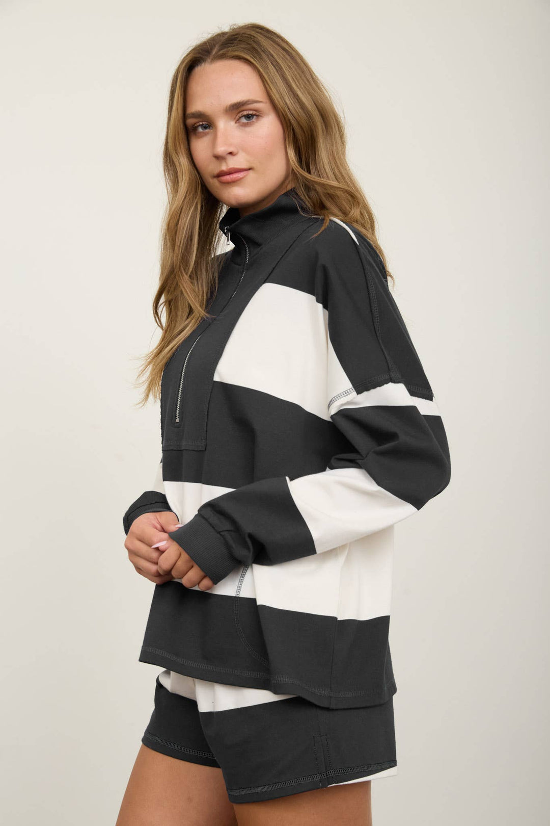 WIDE STRIPE HALF ZIP LONG SLEEVE KNIT SET