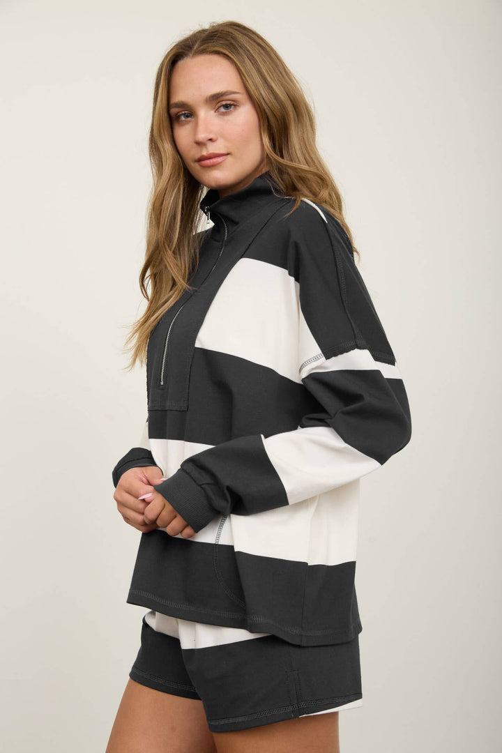 WIDE STRIPE HALF ZIP LONG SLEEVE KNIT SET