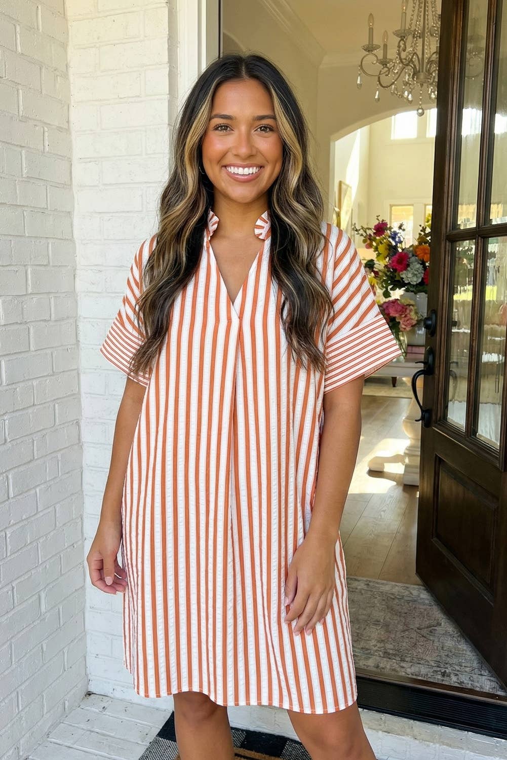 Stripe Pinched Turn-up Cuffs Shift Mini Dress