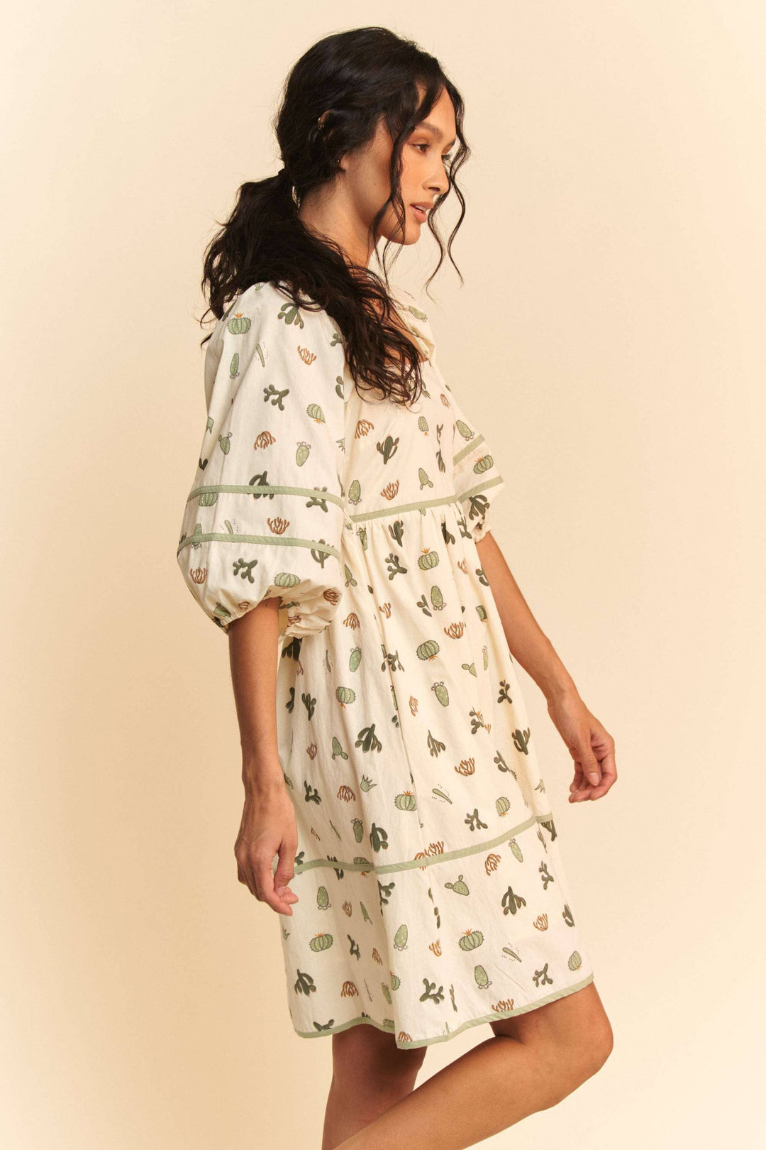 CACTUS PRINTED POPLIN CONTRAST PIPING MINI DRESS