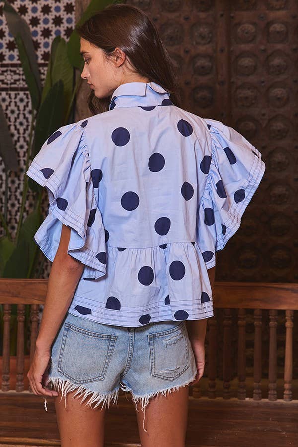 Ruffle Sleeves Pintuck Detail Polka Dot Print top up