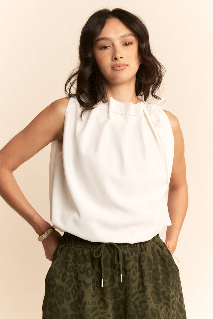 WHITE SOLID SLEEVELESS COWL NECK TIE DETAIL TOP