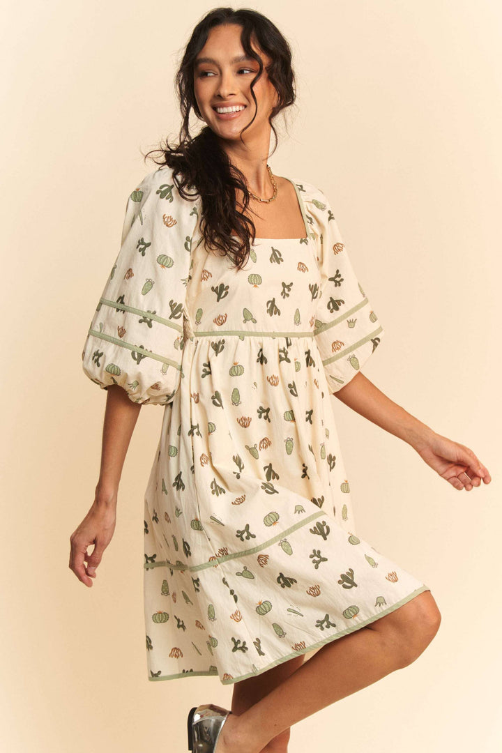 CACTUS PRINTED POPLIN CONTRAST PIPING MINI DRESS