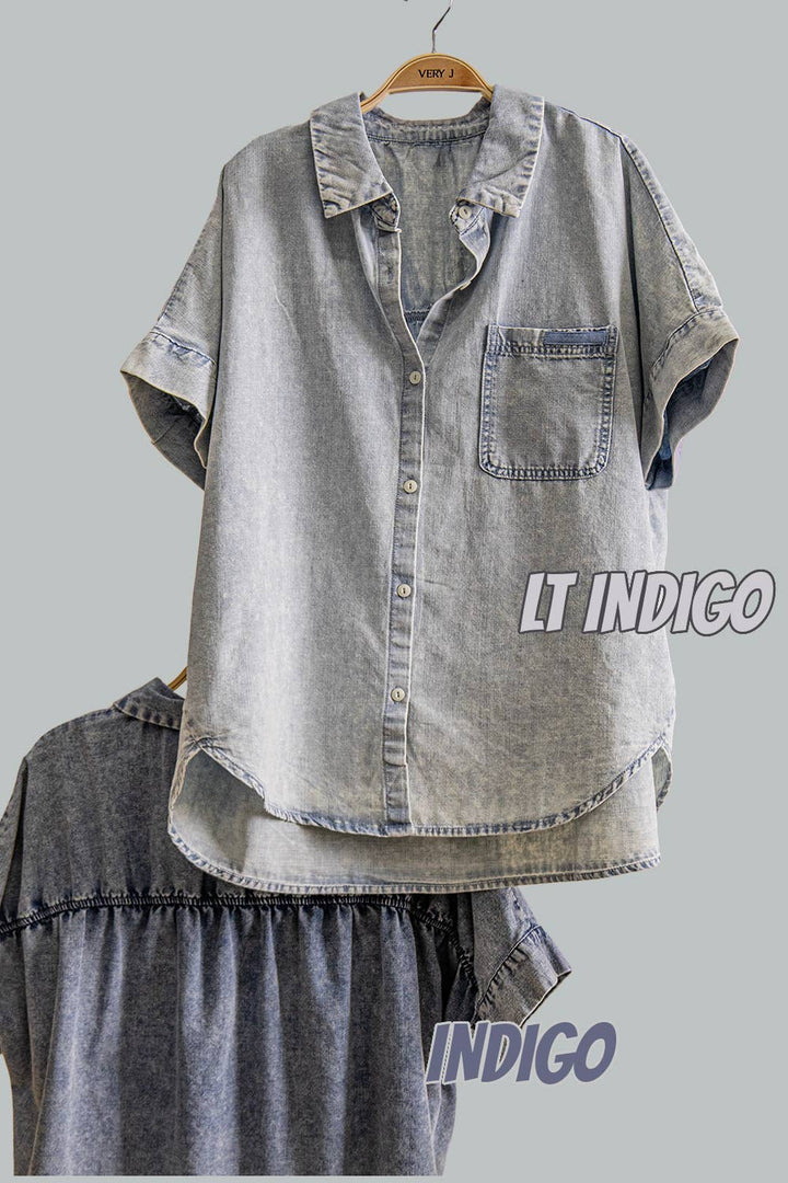 Mineral Washed Chambray Oversized Shirt Top