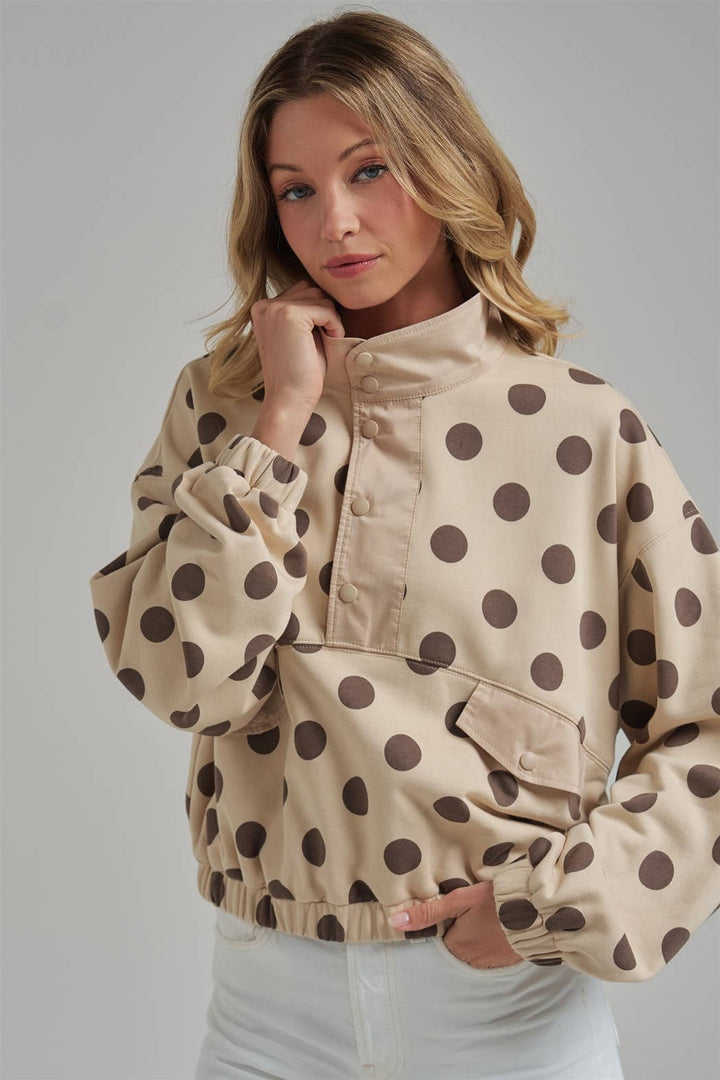 POLKA DOT HALF PLACKET PULLOVER TOP