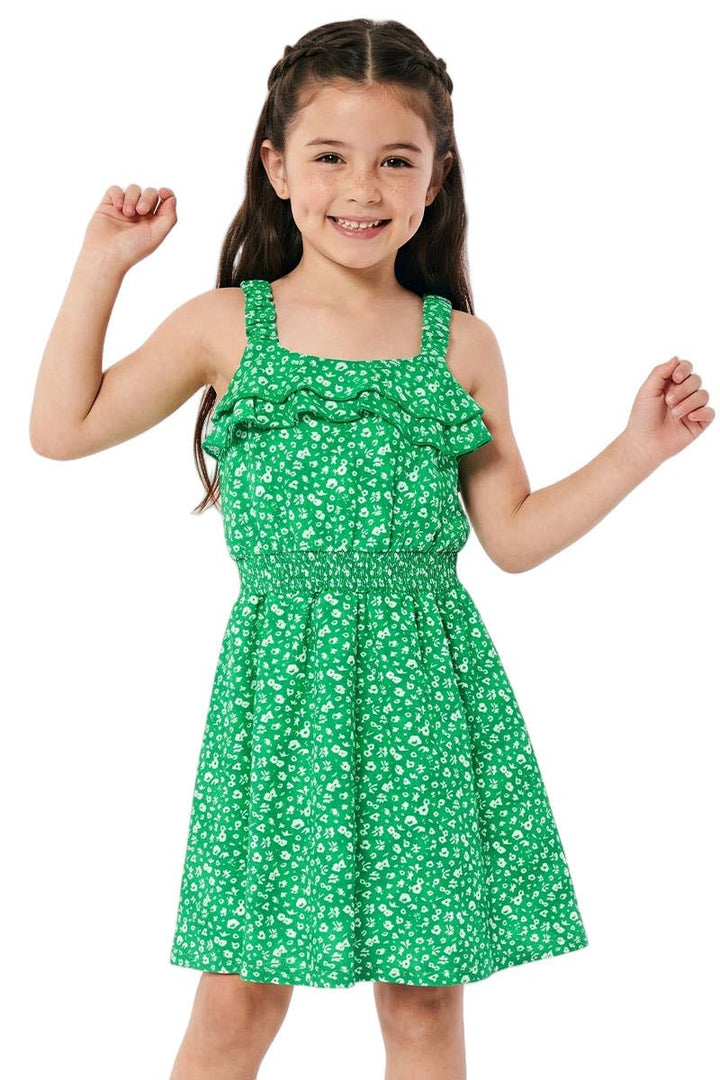 Girl's Floral Dress w/ Smocking Waist green