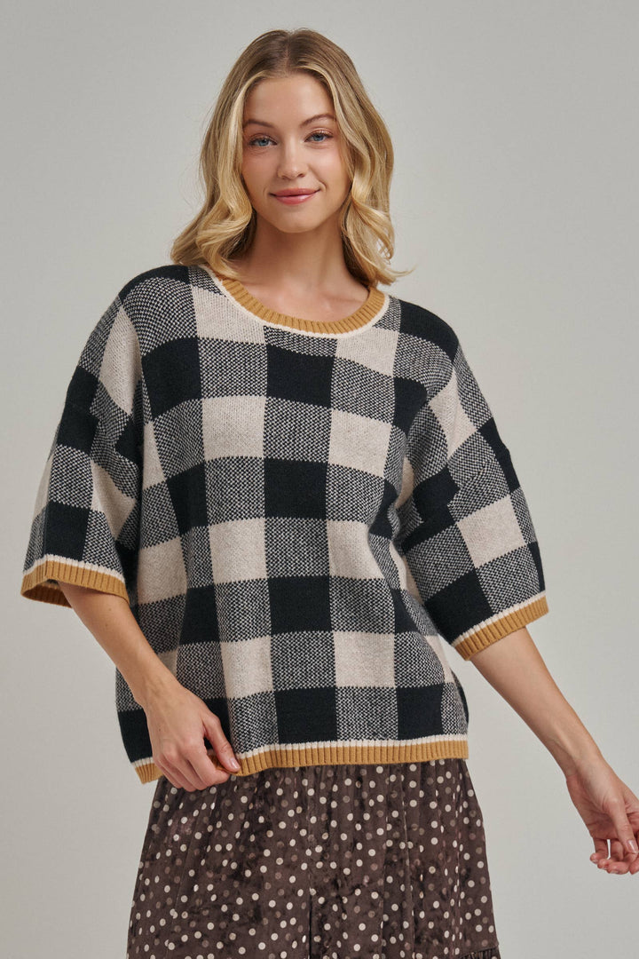 FALL CHECKERED GINGHAM DROP SHOULDER SWEATER TOP