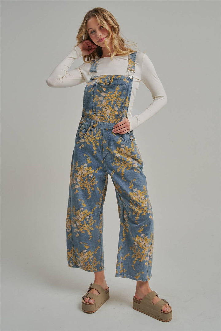 FLORAL PRINT DENIM OVERALL JUMPSUIT