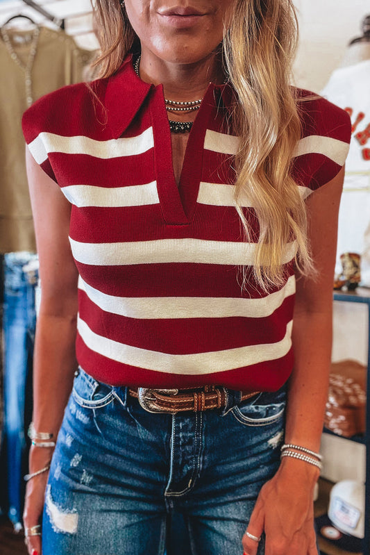 Red Stripe Collared Split Neck Sweater Vest  Item NO.: LC276812-P319