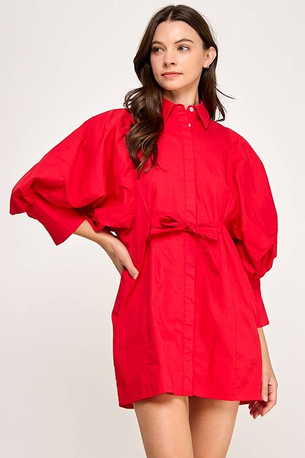 Balloon Sleeve Tie-Waist Mini Shirt Dress  PINK