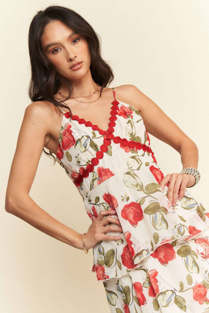 CONTRAST RED  LACE CAMI TIERED RUFFLE MAXI DRESS