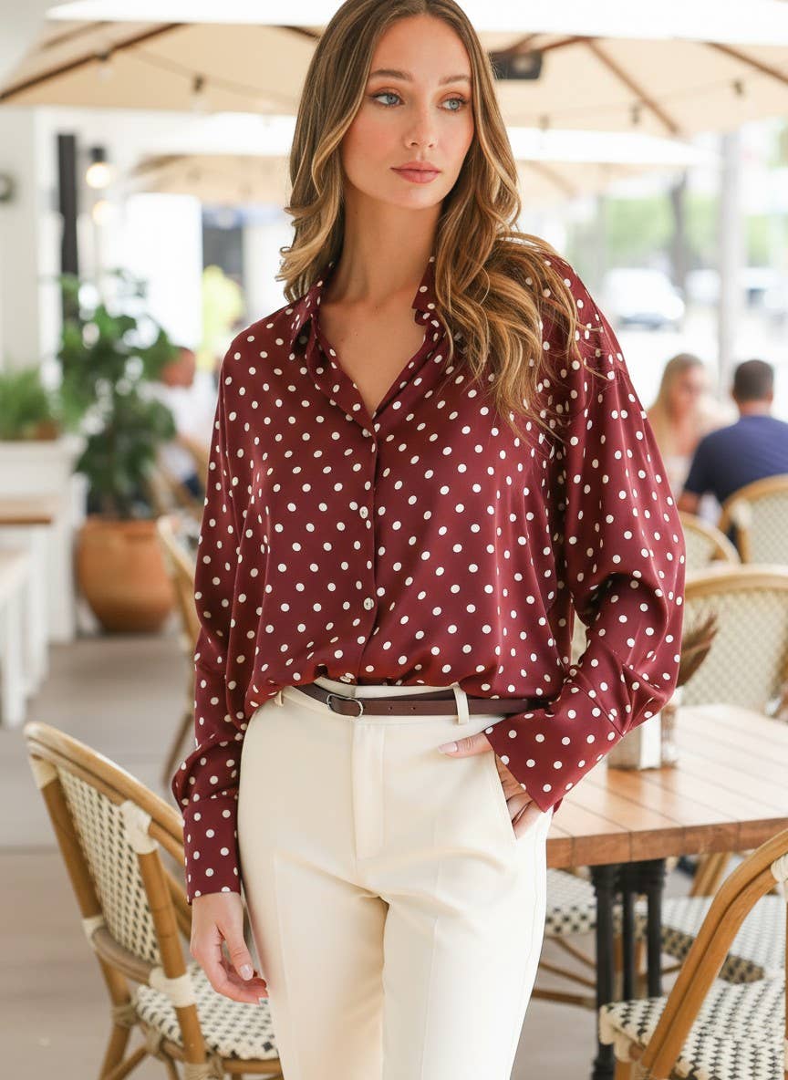 Polka Dot Collared Long-Sleeve Satin Blouse Top