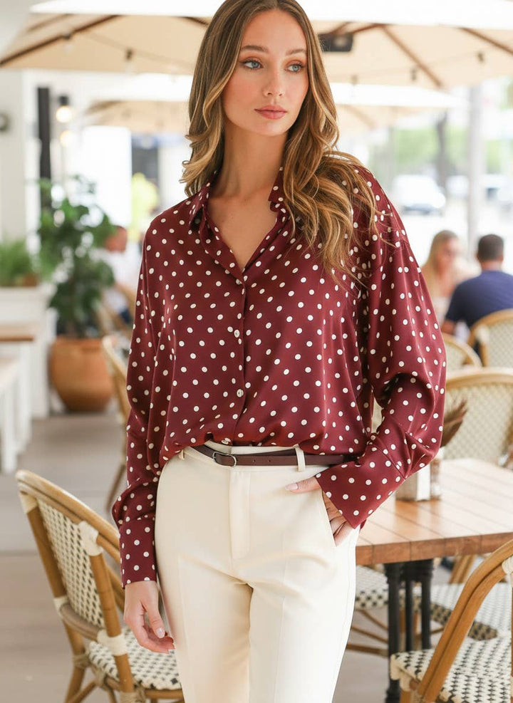 Polka Dot Collared Long-Sleeve Satin Blouse Top