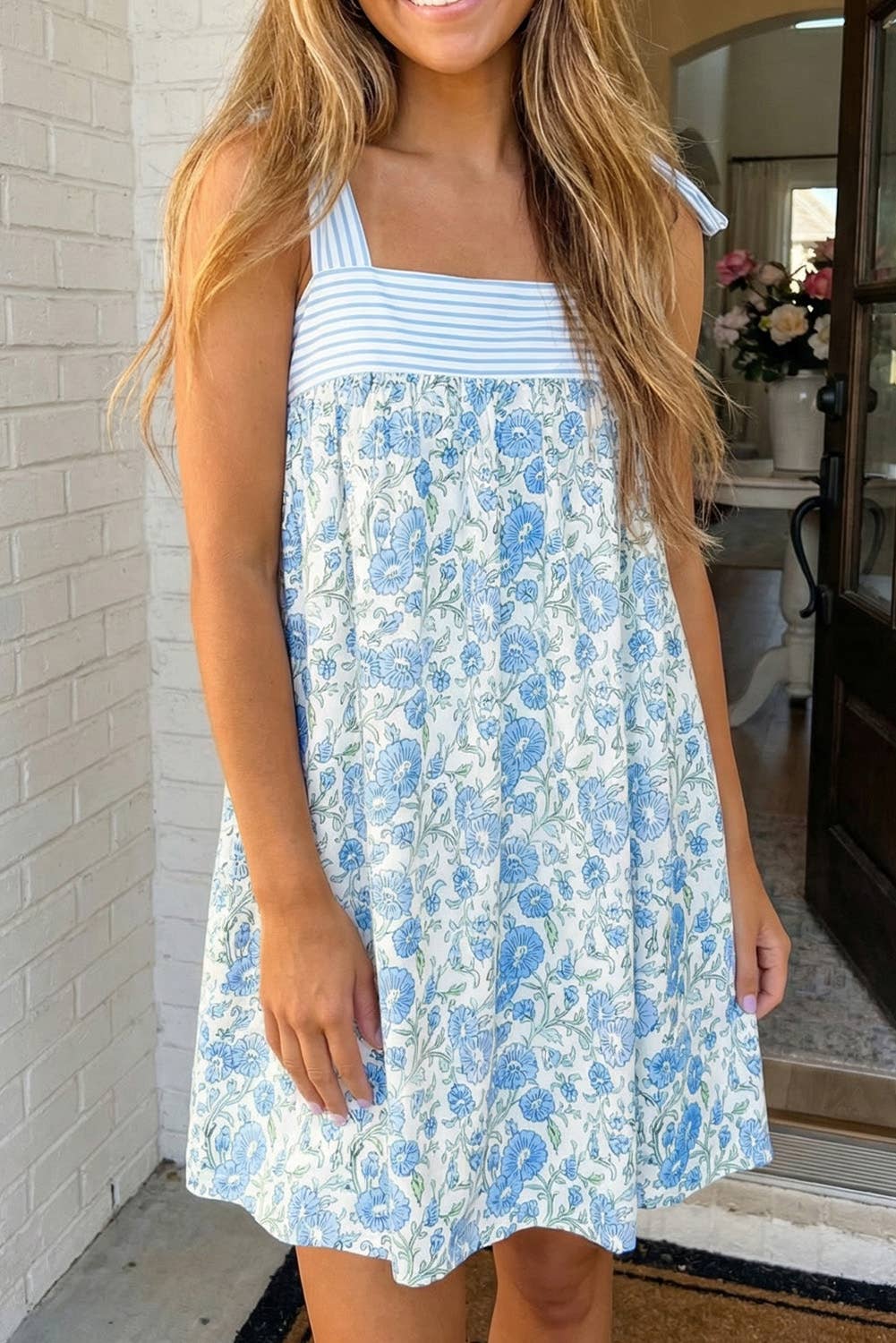 Blue Floral Stripe Patchwork Bow Knot Strap Mini Dress