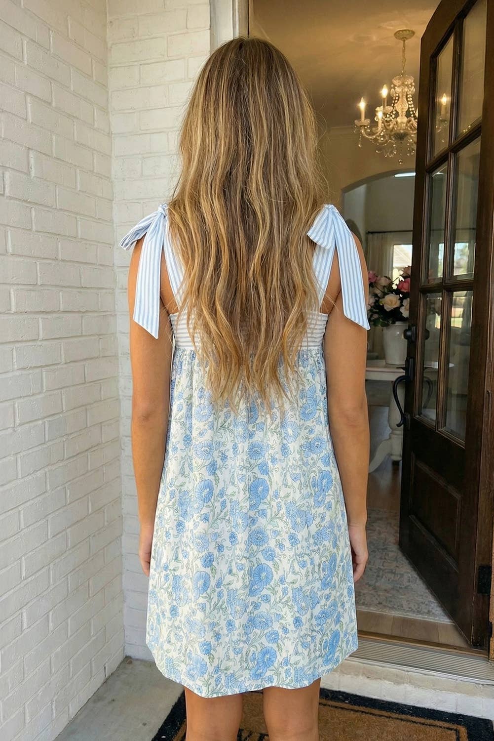 Blue Floral Stripe Patchwork Bow Knot Strap Mini Dress