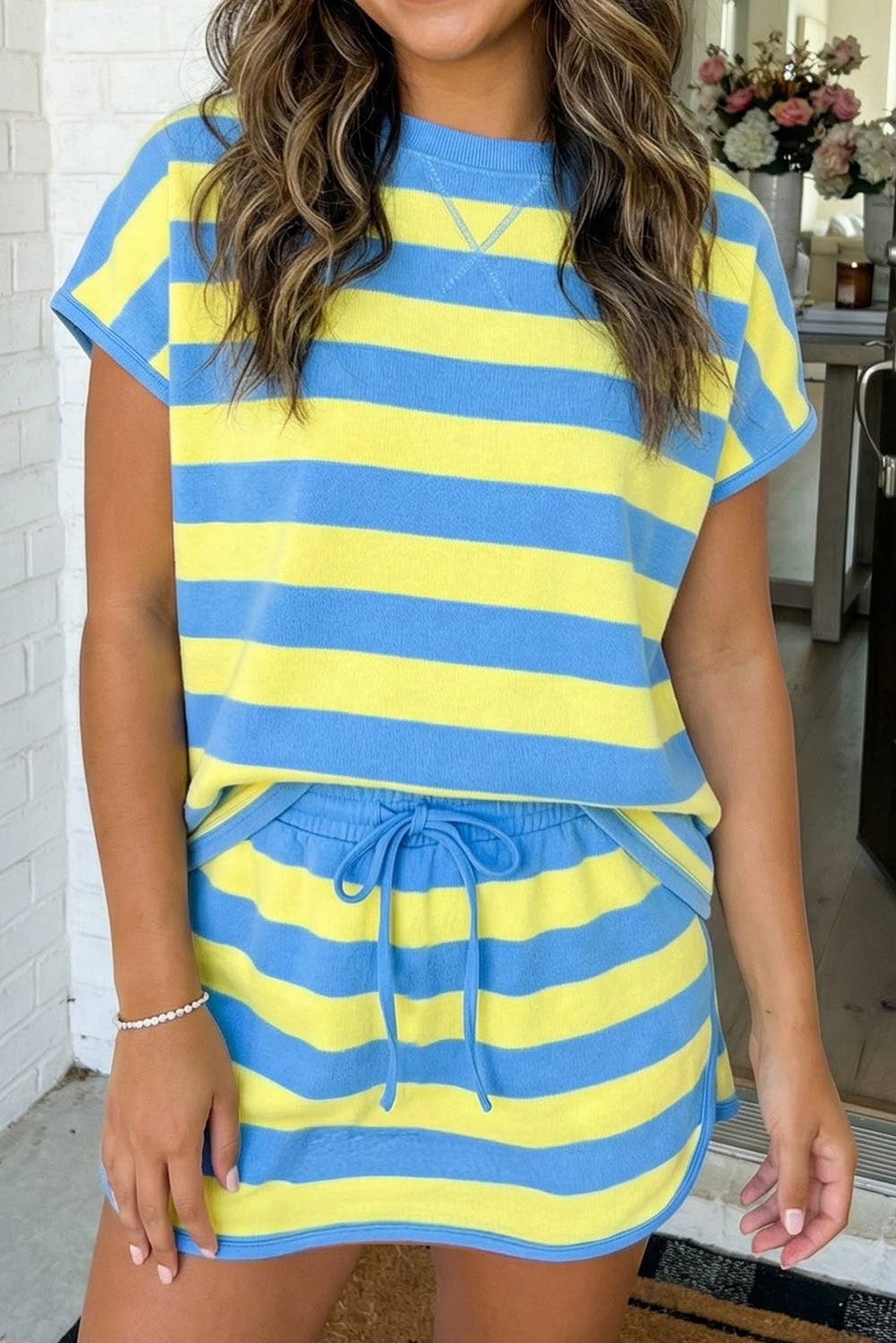Stripe Dolman Tee Drawstring Skort 2pcs Set