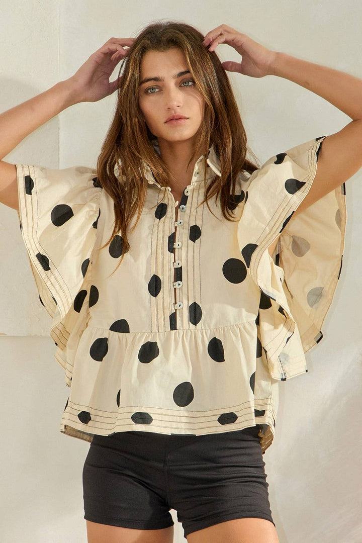 Ruffle Sleeves Pintuck Detail Polka Dot Print top up