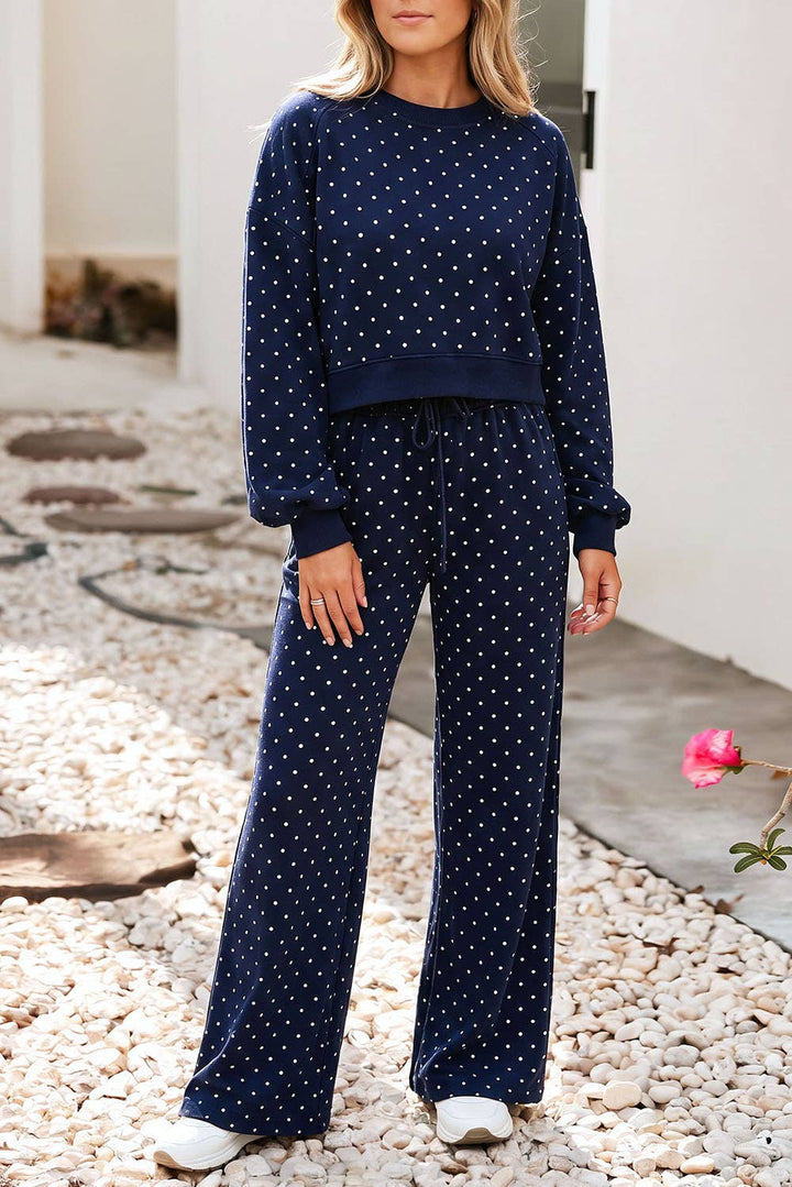 Polka Dot Drawstring Wide Leg Pants Set