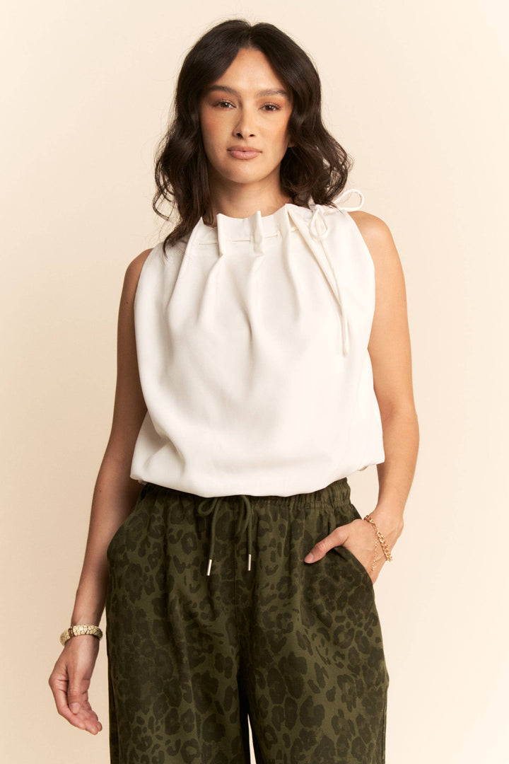 WHITE SOLID SLEEVELESS COWL NECK TIE DETAIL TOP