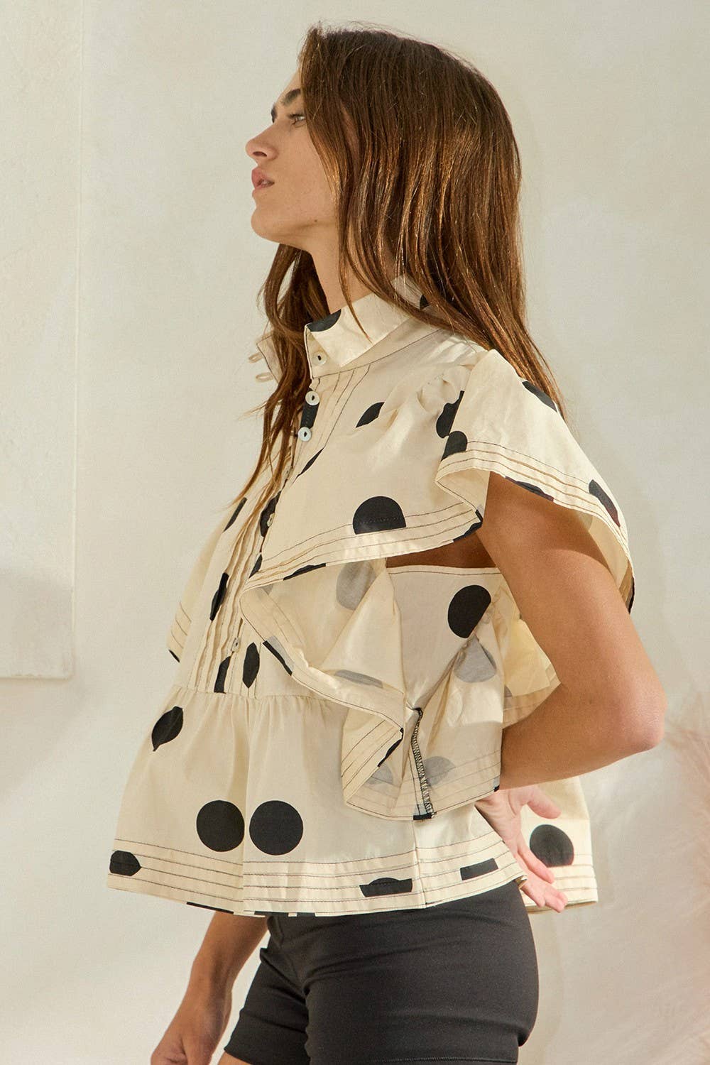 Ruffle Sleeves Pintuck Detail Polka Dot Print top up