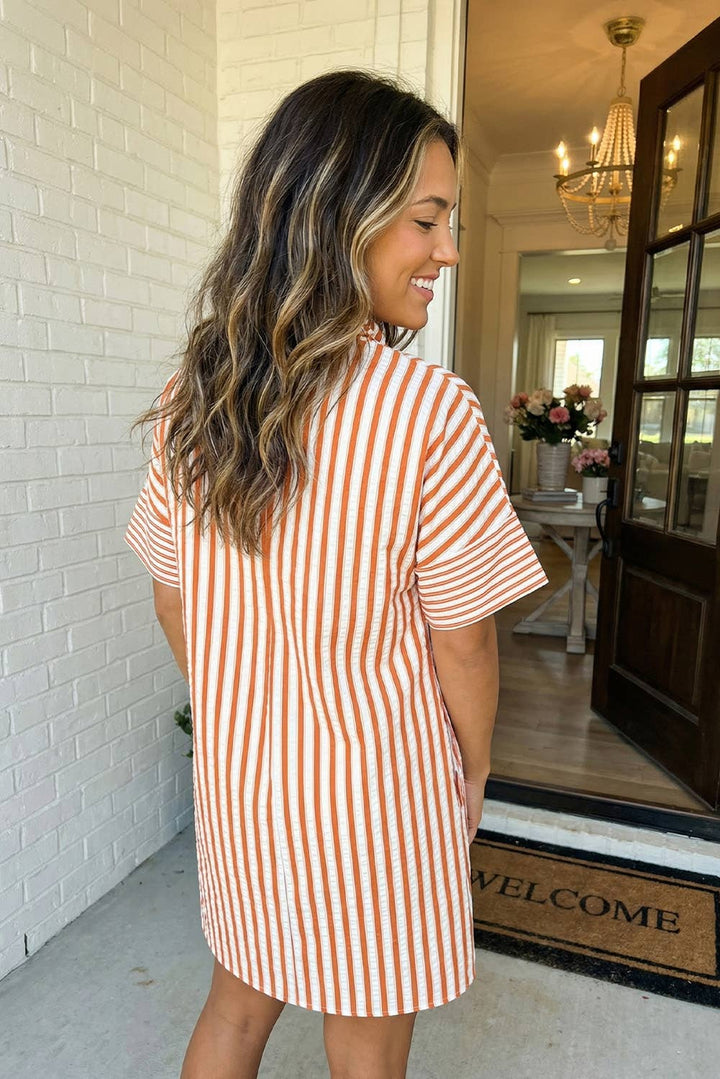 Stripe Pinched Turn-up Cuffs Shift Mini Dress