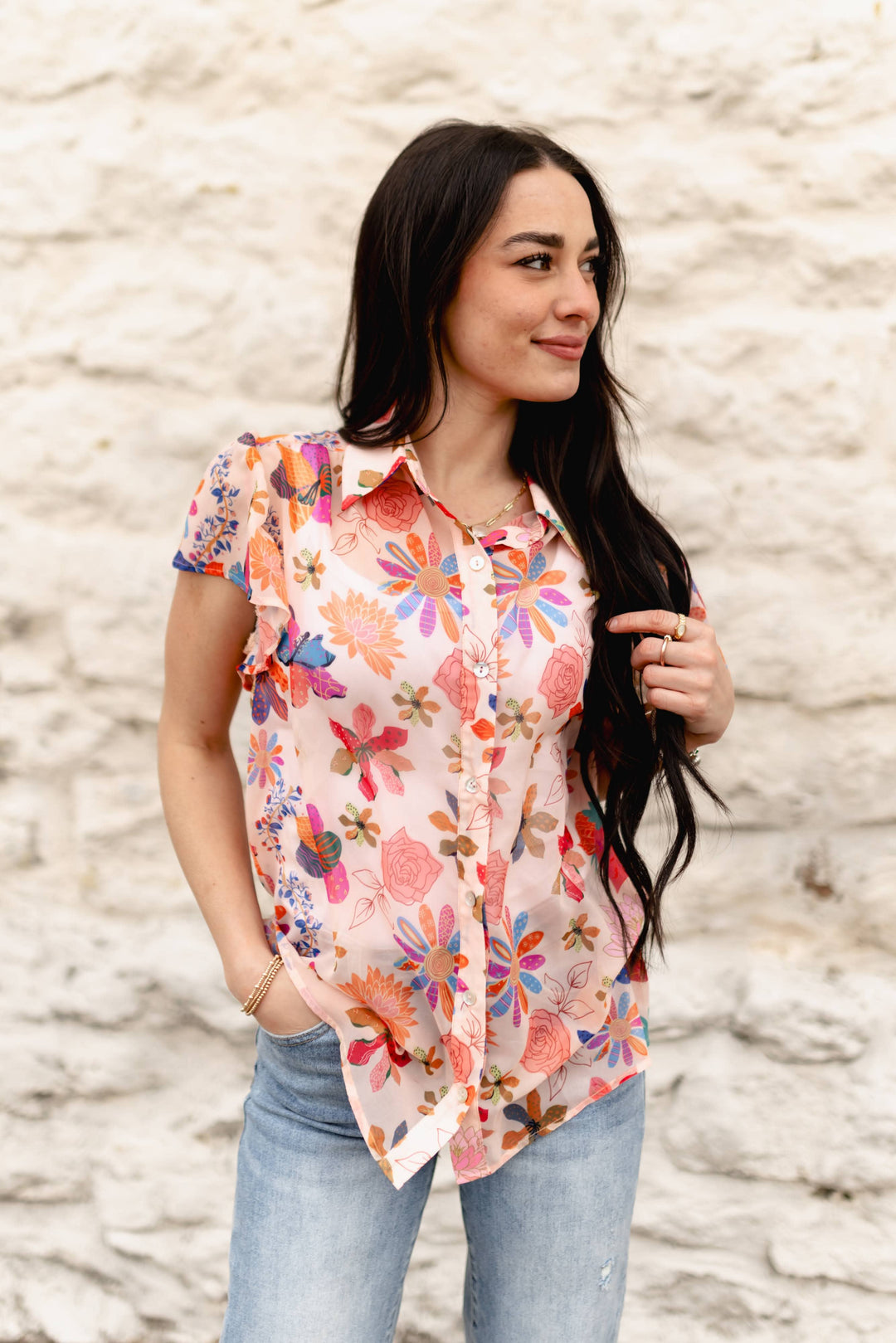 FLORAL FLUTTER SLEEVE BLOUSE